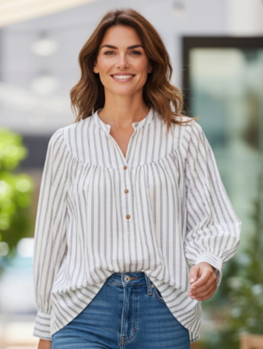 OLD NAVY Brown And Grey Stripe, Off White , Long Sleeve, Button Down Shirt
